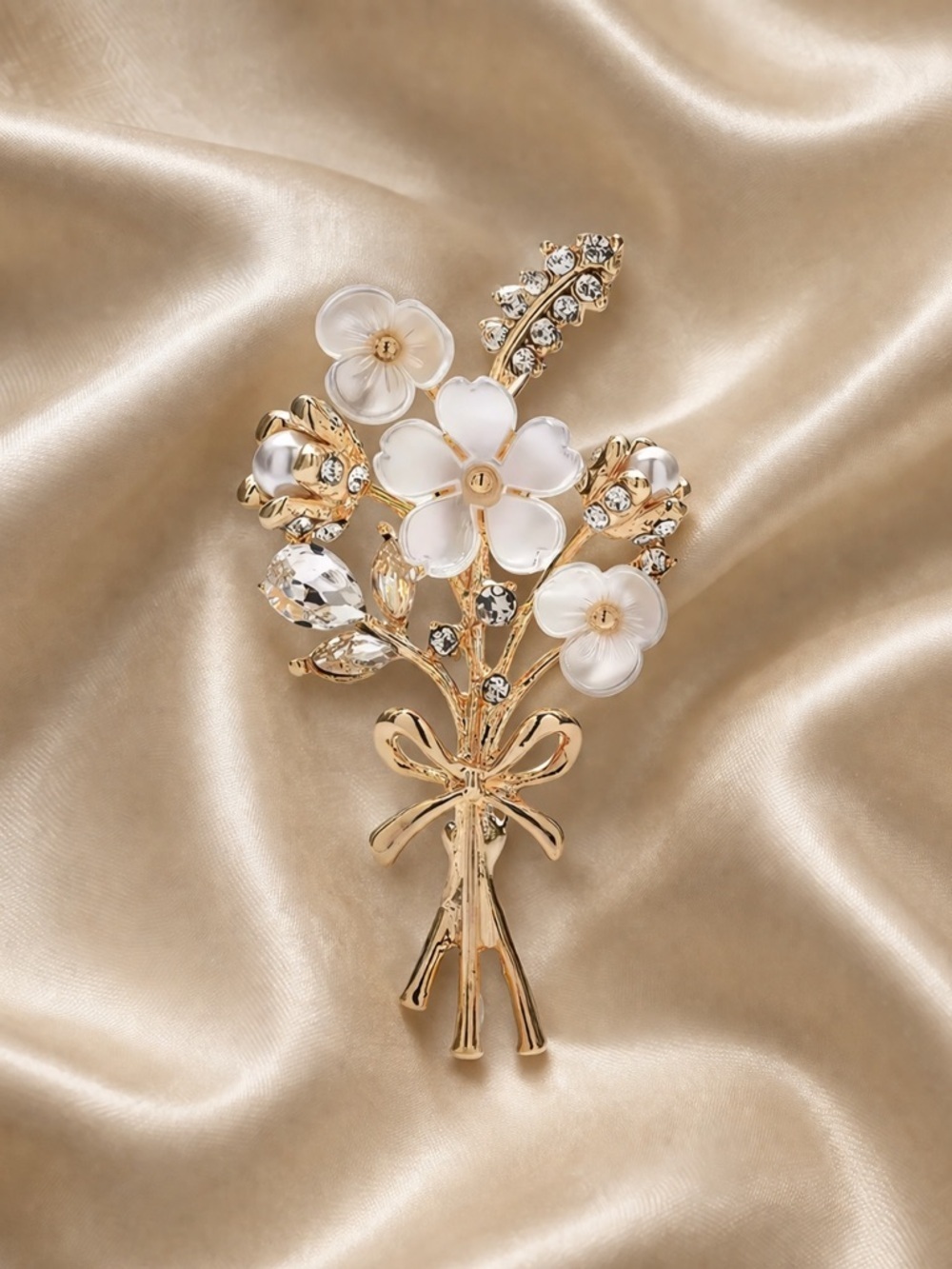 Gold Bouquet White Flower Crystal Brooch